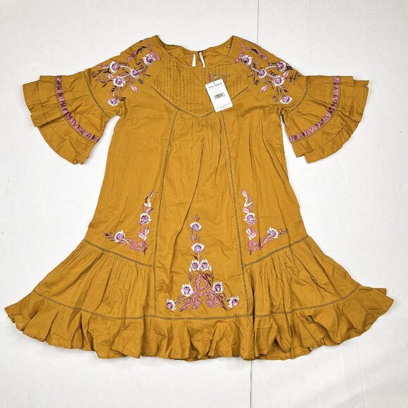 Free People Pavlo Embroidered Floral Ruffled Babydoll Tunic Goldenrod Sz S - NWT - Picture 2 of 11